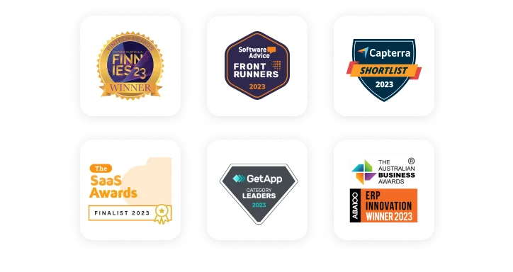 Several awards badges for 2023, featuring the logos of Canstar Blue, Finnies, Software Advice, Capterra, SaaS Awards, GetApp and The Australian Business Awards