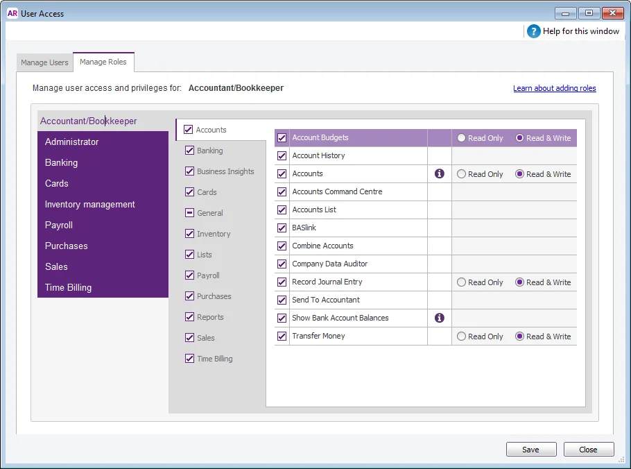 User Access Manage Rolls window