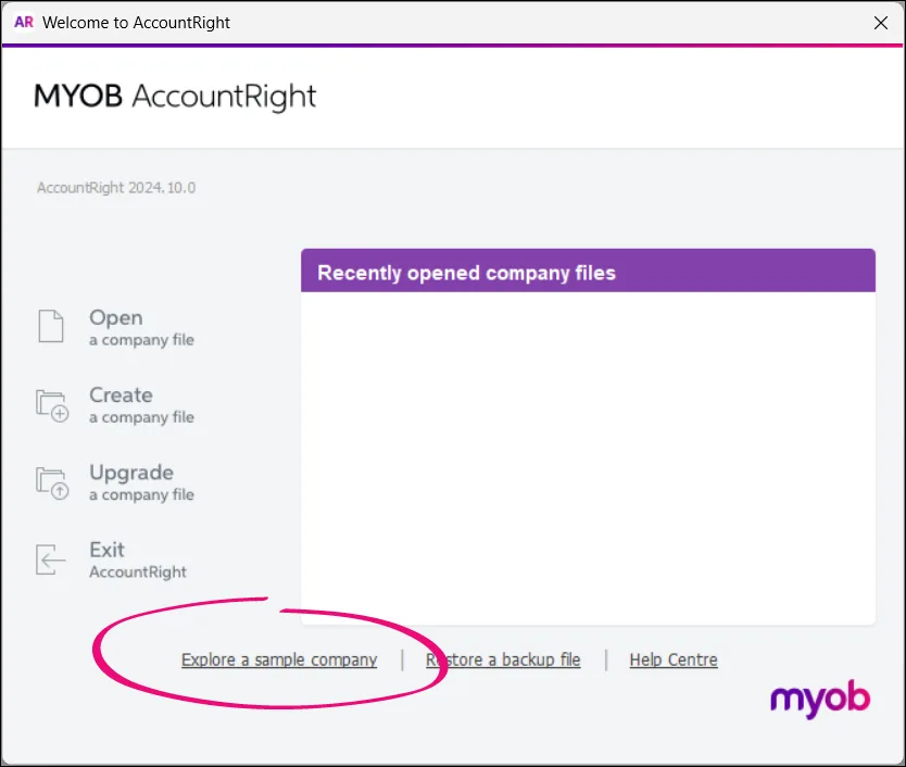Welcome to AccountRight window showing Explore a sample company link