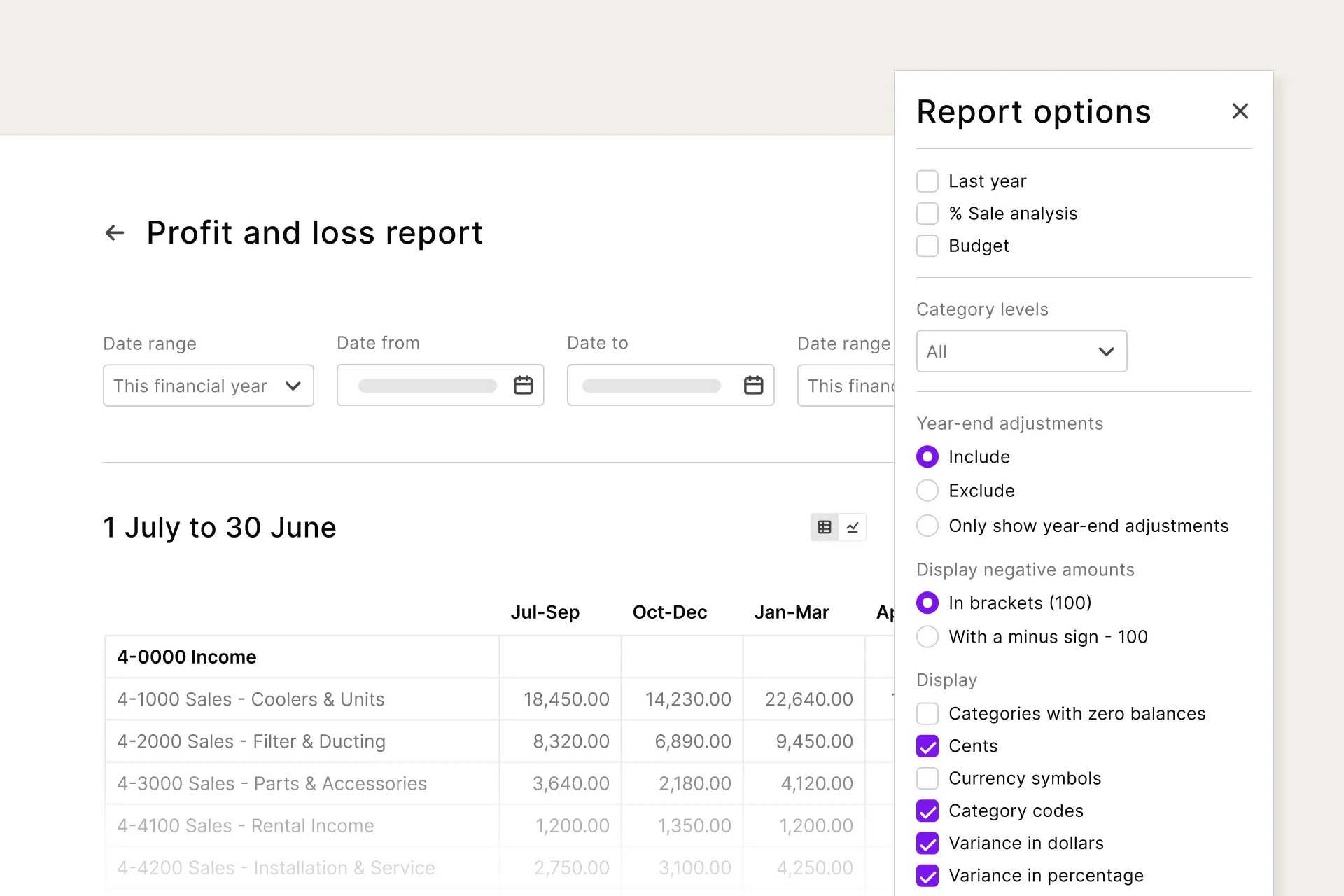 A snapshot of a customisable profit and loss report within the MYOB interface, showing editable financial categories and reporting options, including date ranges and categories.