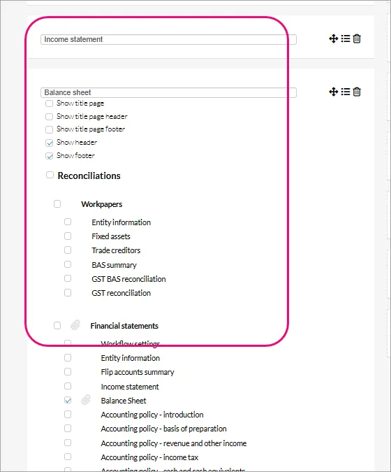 Income statement section and Balance sheet section listing checkbox options