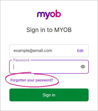 Example prompt to sign in to MYOB with forgotten your password link highlighted