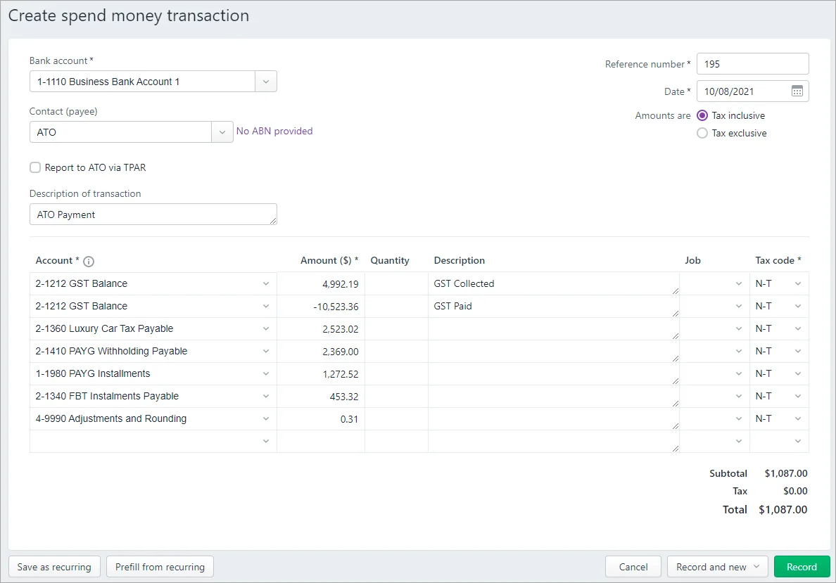 Example spend money transaction for ATO payment