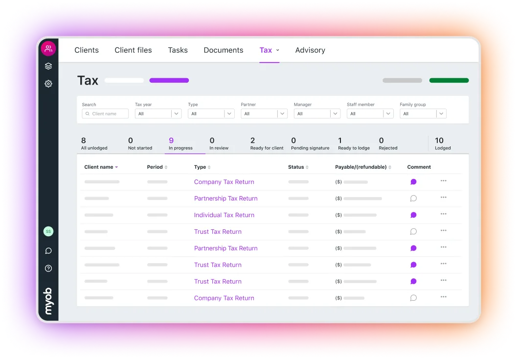 Practice tax allows you to manage tax returns, and keep track of which are lodged, started, in review and ready for clients.