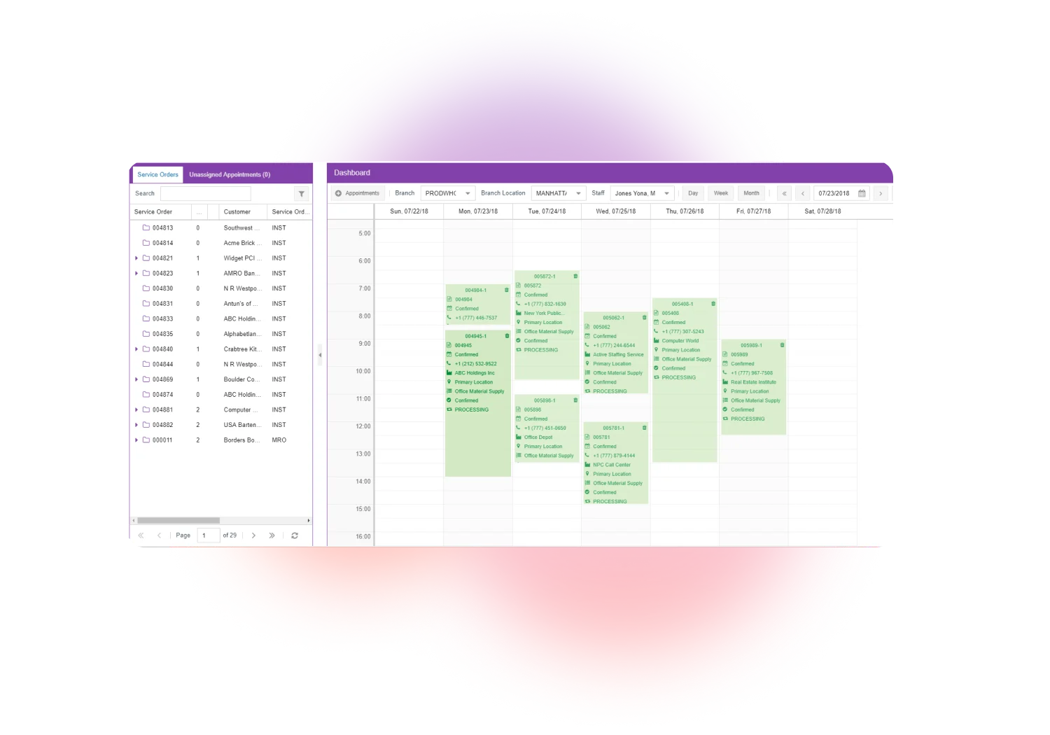 MYOB's Advanced Business Service Management dashboard for staff scheduling