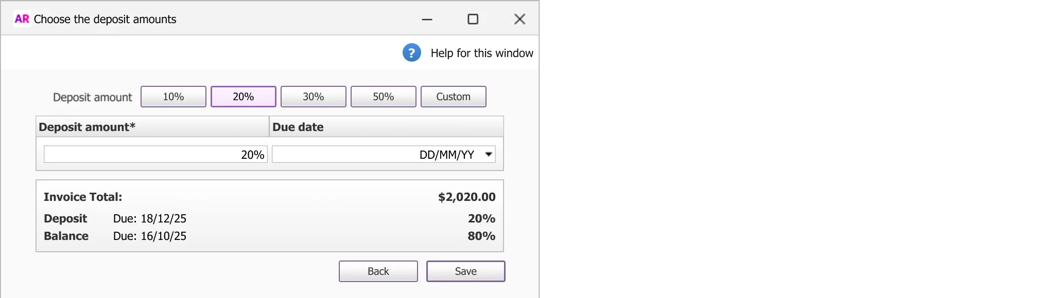 Example AccountRight deposit setup