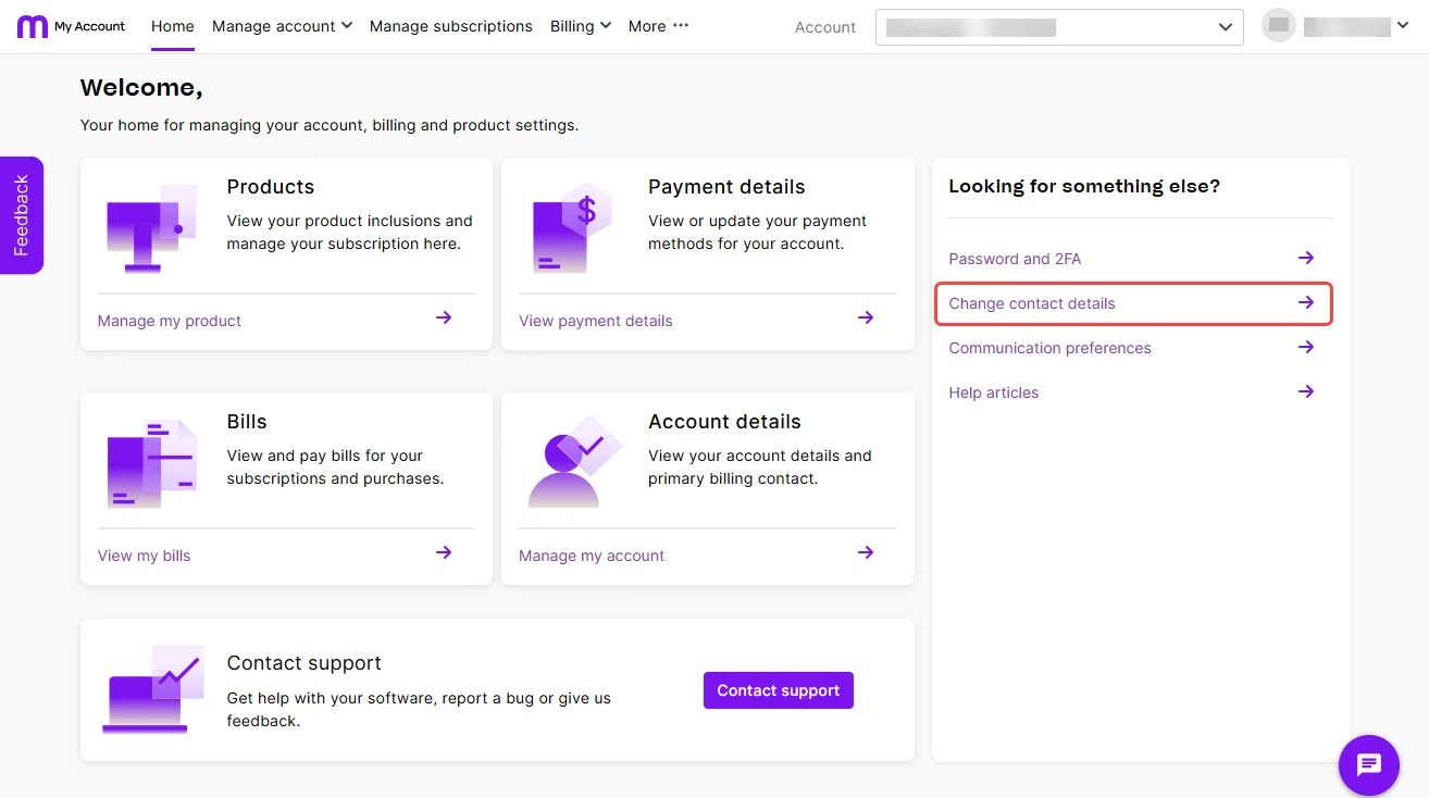 My account screen with change contact details highlighted