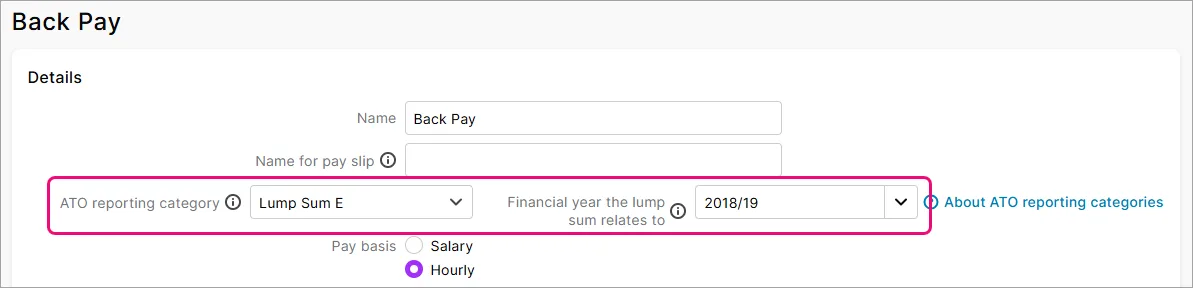 Example wage pay item for lump sum E