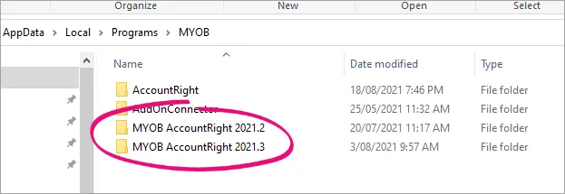 Previous AccountRight versions highlighted