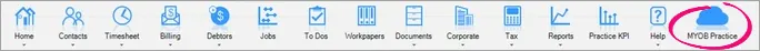 Menu items at the top of AEAO with the last icon, MYOB Practice, highlighted