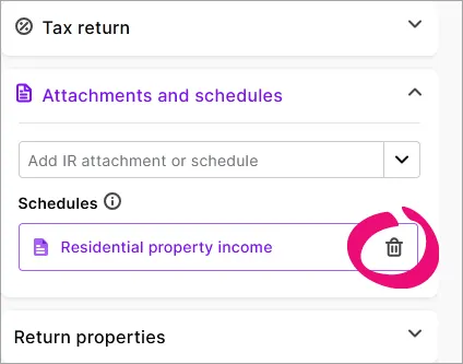 Rubbish bin icon highlighted next to Residential property income in the panel next to the tax return