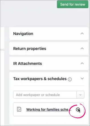 Delete icon highlighted next to the schedule in the Tax workpapers & schedules section in the panel next to the return