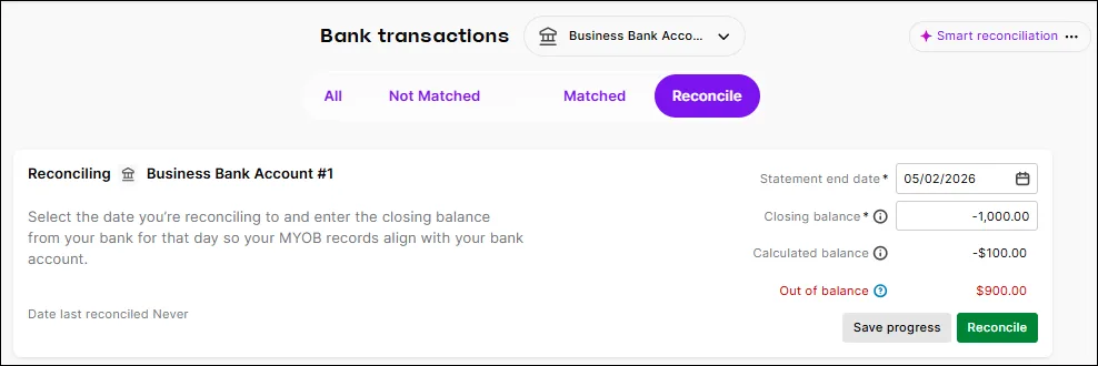 Reconcile tab on the Bank transactions page