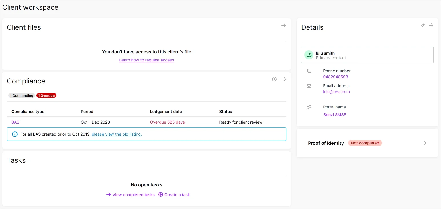 Client workspace page with sections for Client files, Compliance, Tasks, Details and Proof of Identity