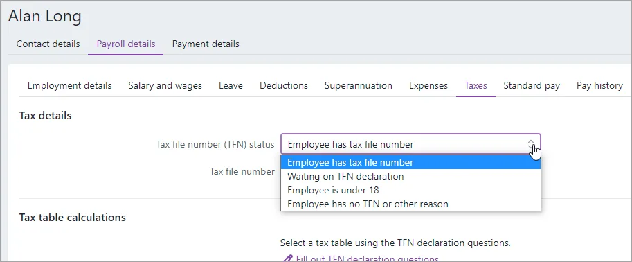 Example employee with tax file number field highlighted