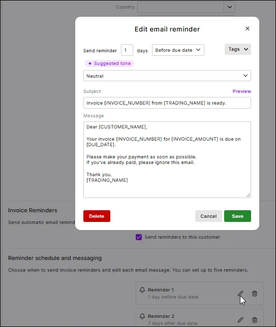 Click the pen icon to start editing a reminder