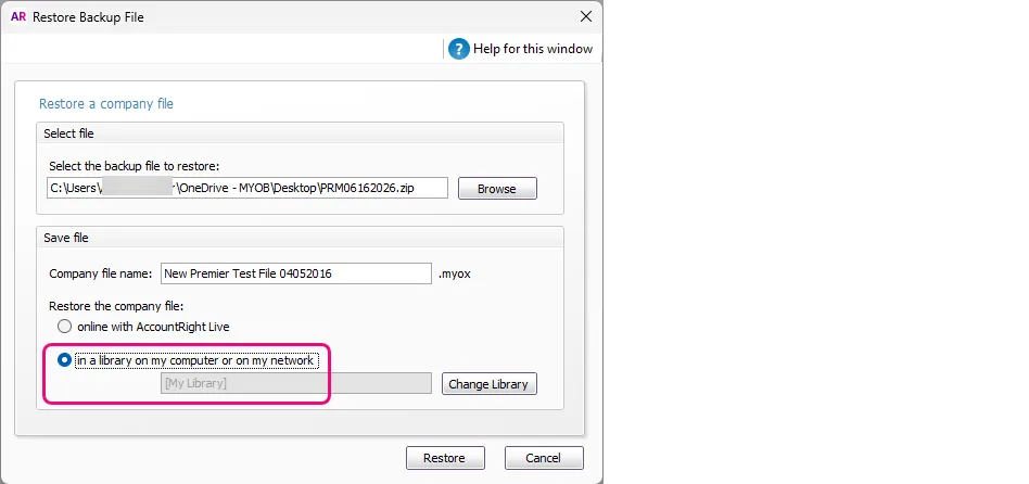 Example restore screen with My Library option selected