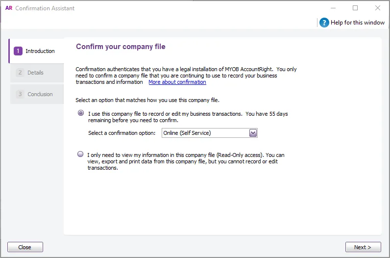 Confirmation Window Example Confirm activated company files