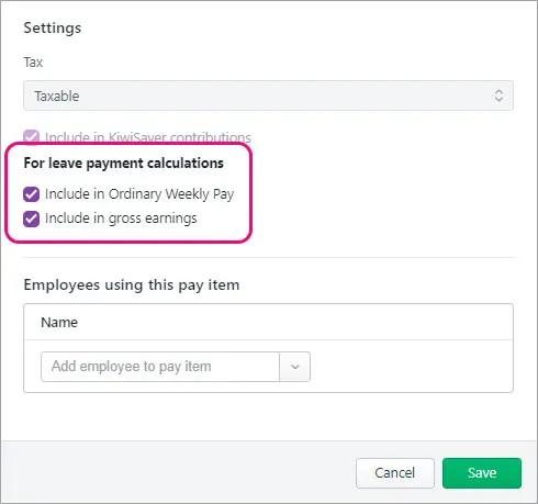 Example earning with leave calculations options highlighted