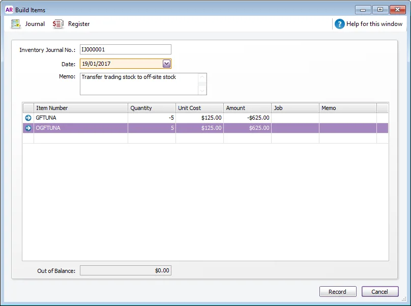 Example transfer of trading stock to off-site stock