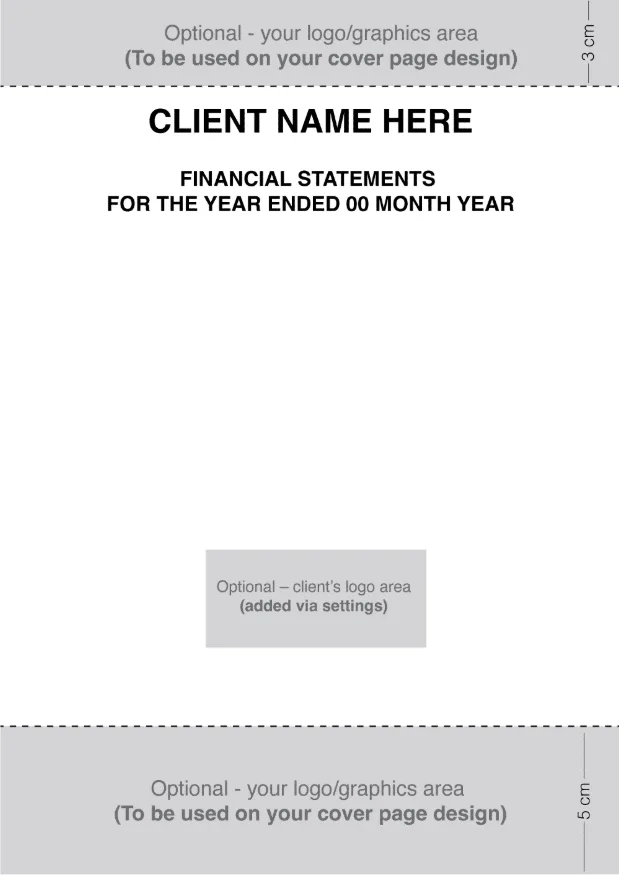 Cover page example showing areas for logos, a client logo, a client name and financial statements