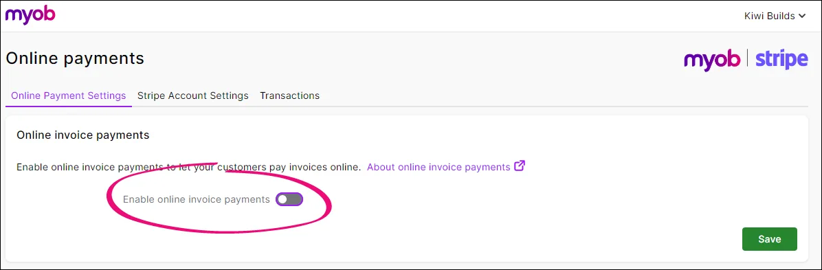 Online invoice payments portal with service option highlighted