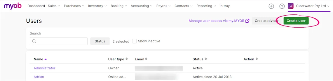 Myob Add User Manage users