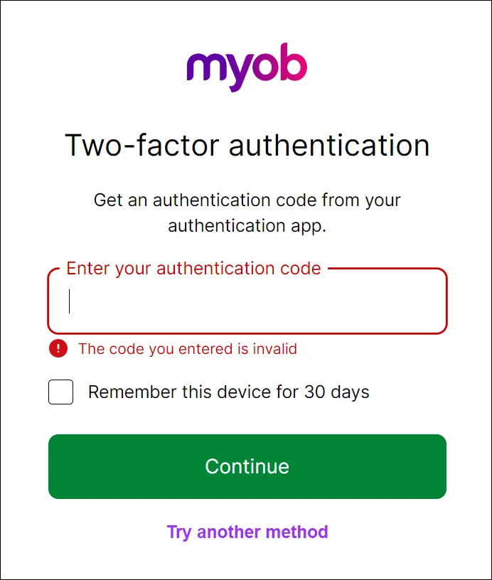 Error message for authenticator app 2FA