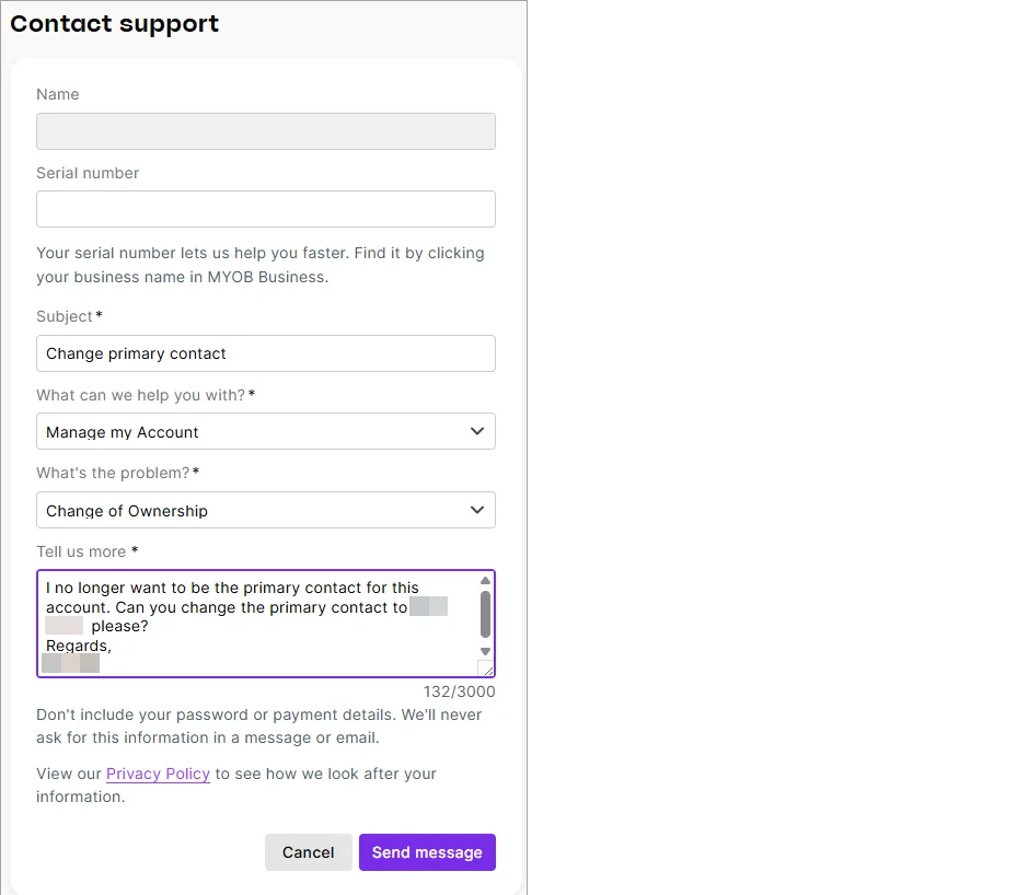 Change primary contact request