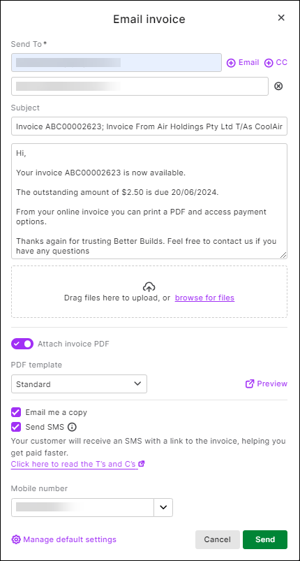 Email an invoice with SMS option selected