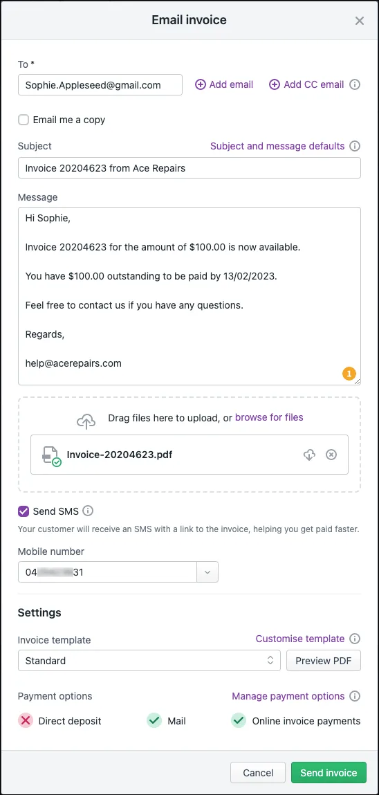 Email an invoice with SMS option selected
