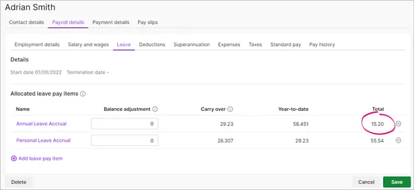 Example unused annual leave amount highlighted