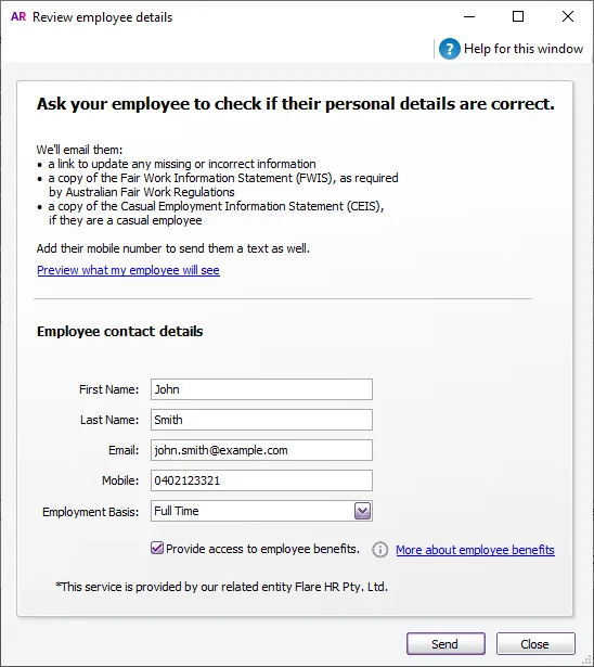 Example review employee details window