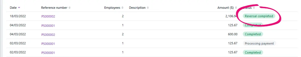 Super payment showing status of reversal complete