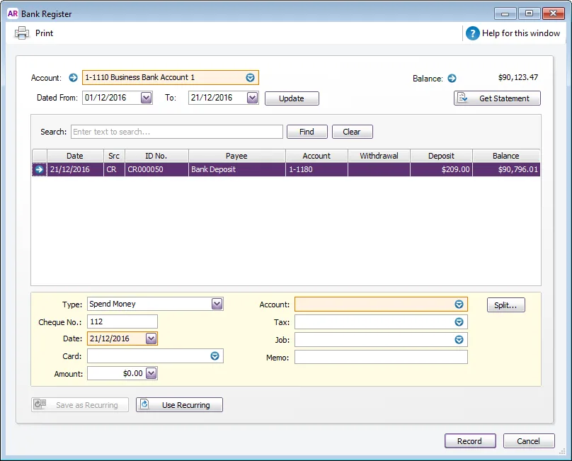 Bank register showing deposit