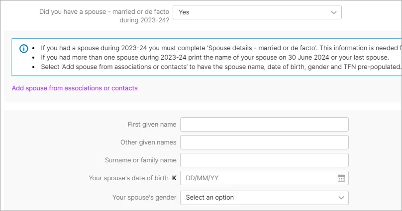 Fields for adding a spouse