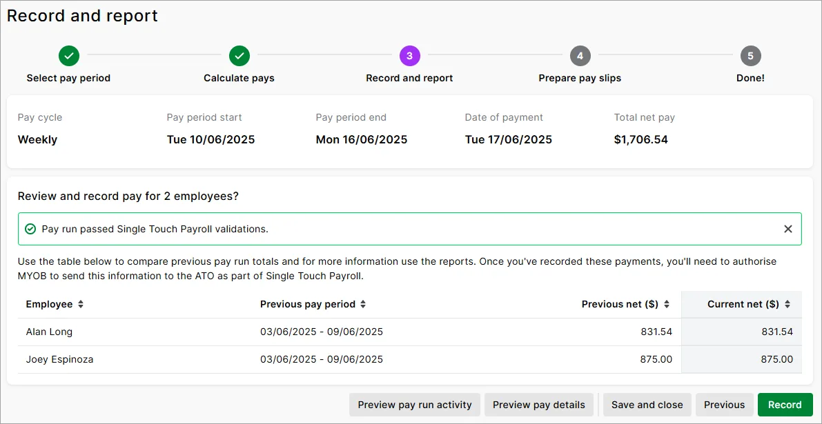 Record and report step of the pay run