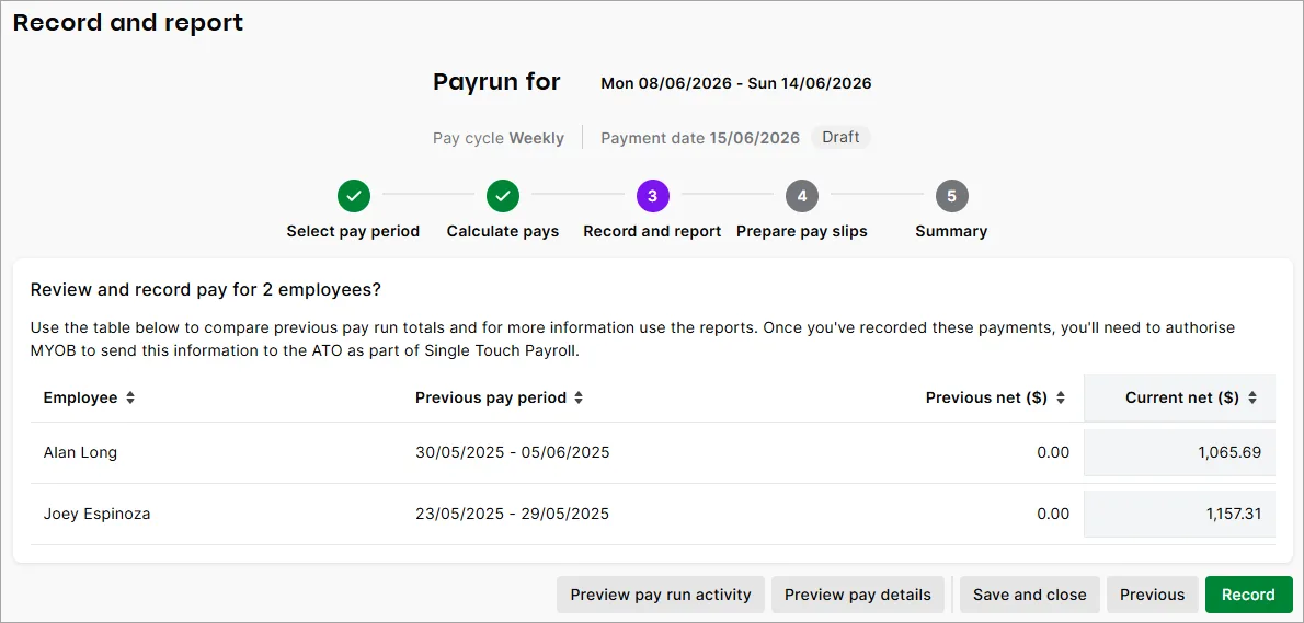 Record and report step of the pay run
