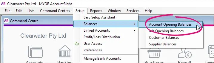 Account opening balances highlighted in the menu