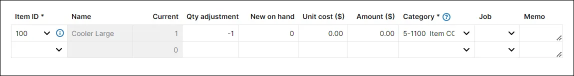 Adjust inventory example showing a negative adjustment