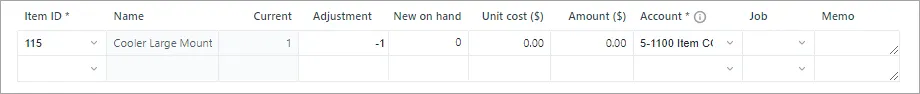 Adjust inventory example showing a negative adjustment