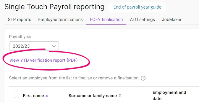 STP reporting centre with View YTD verification report highlighted