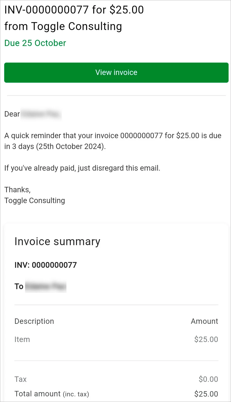 Invoice reminder email - 3 days