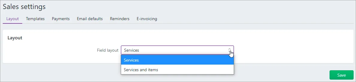 Layout tab on the sales settings page
