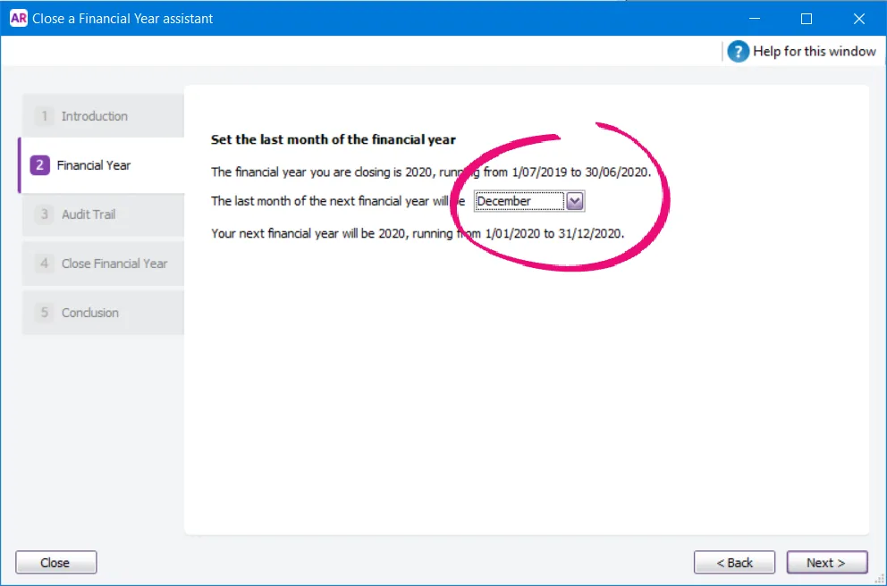 Close a Financial Year assistant window Step 2 December selected as last month