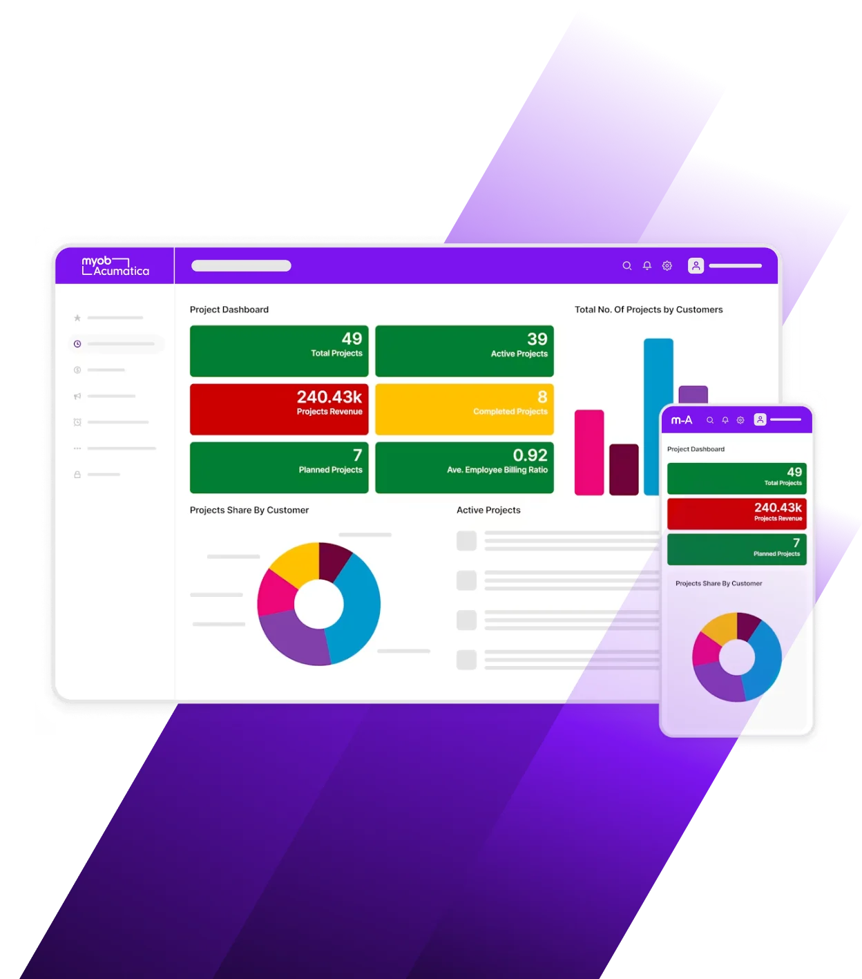 Project dashboard interface showing key metrics with 49 total projects, $240.43k revenue, and colorful charts on desktop and mobile views.