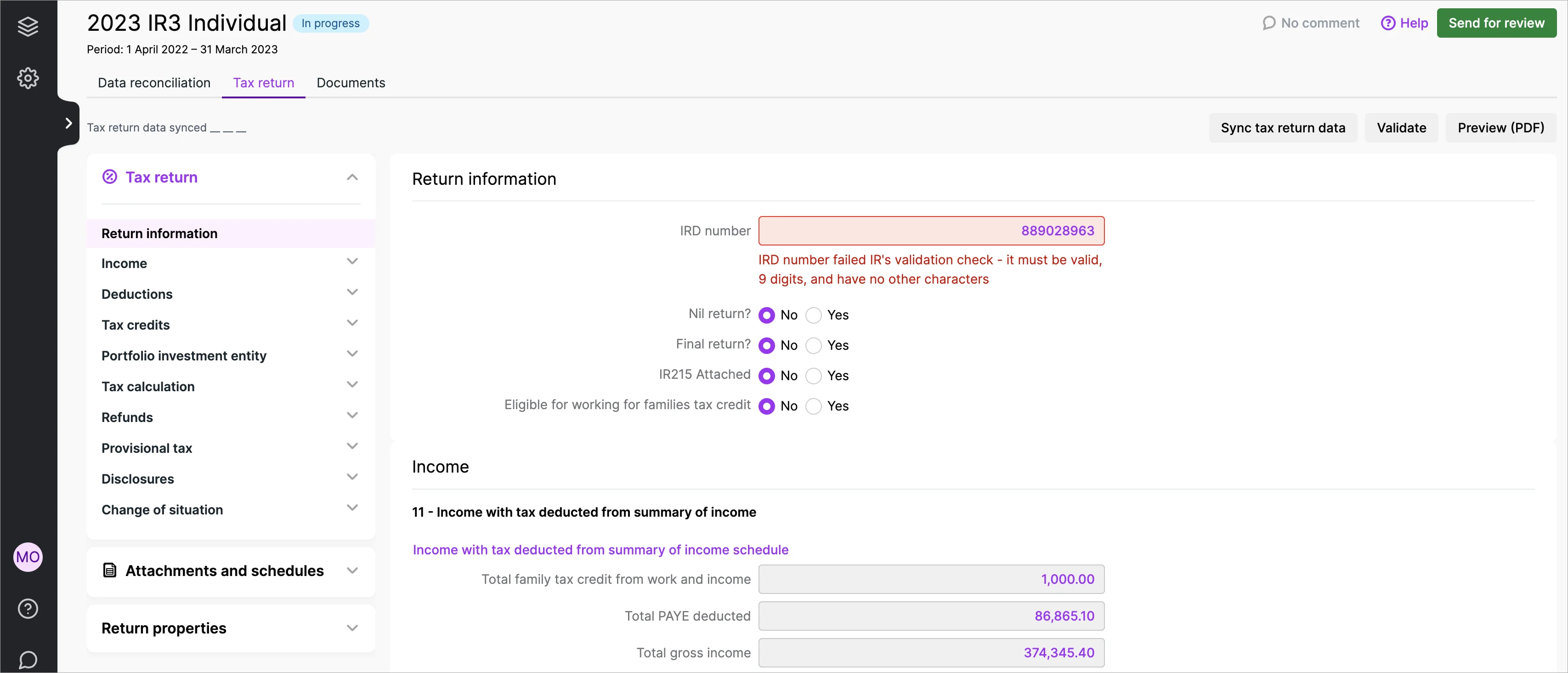 Example of tax return page with the new navigation improvements