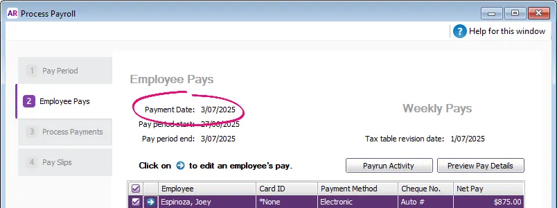 Example AccountRight pay with July payment date highlighted