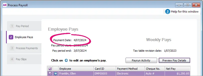 Example AccountRight pay with July payment date highlighted