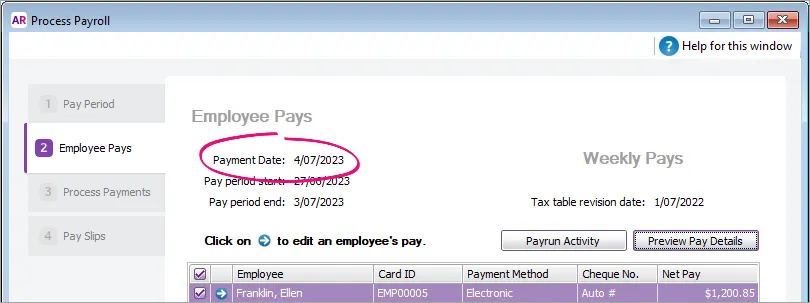 Example AccountRight pay with July payment date highlighted